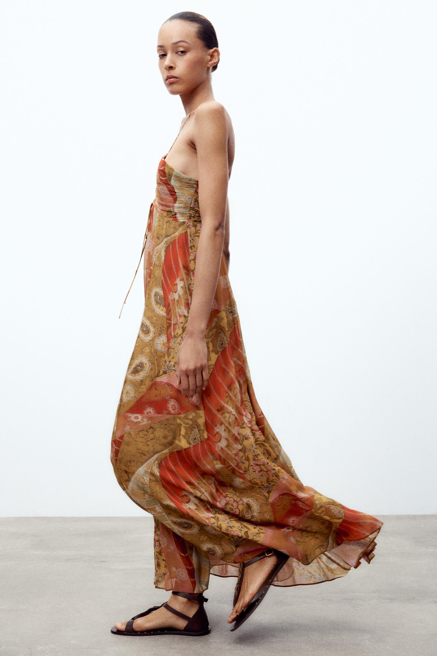 Ruched Halter Neck Maxi Dress with Patchwork Prints