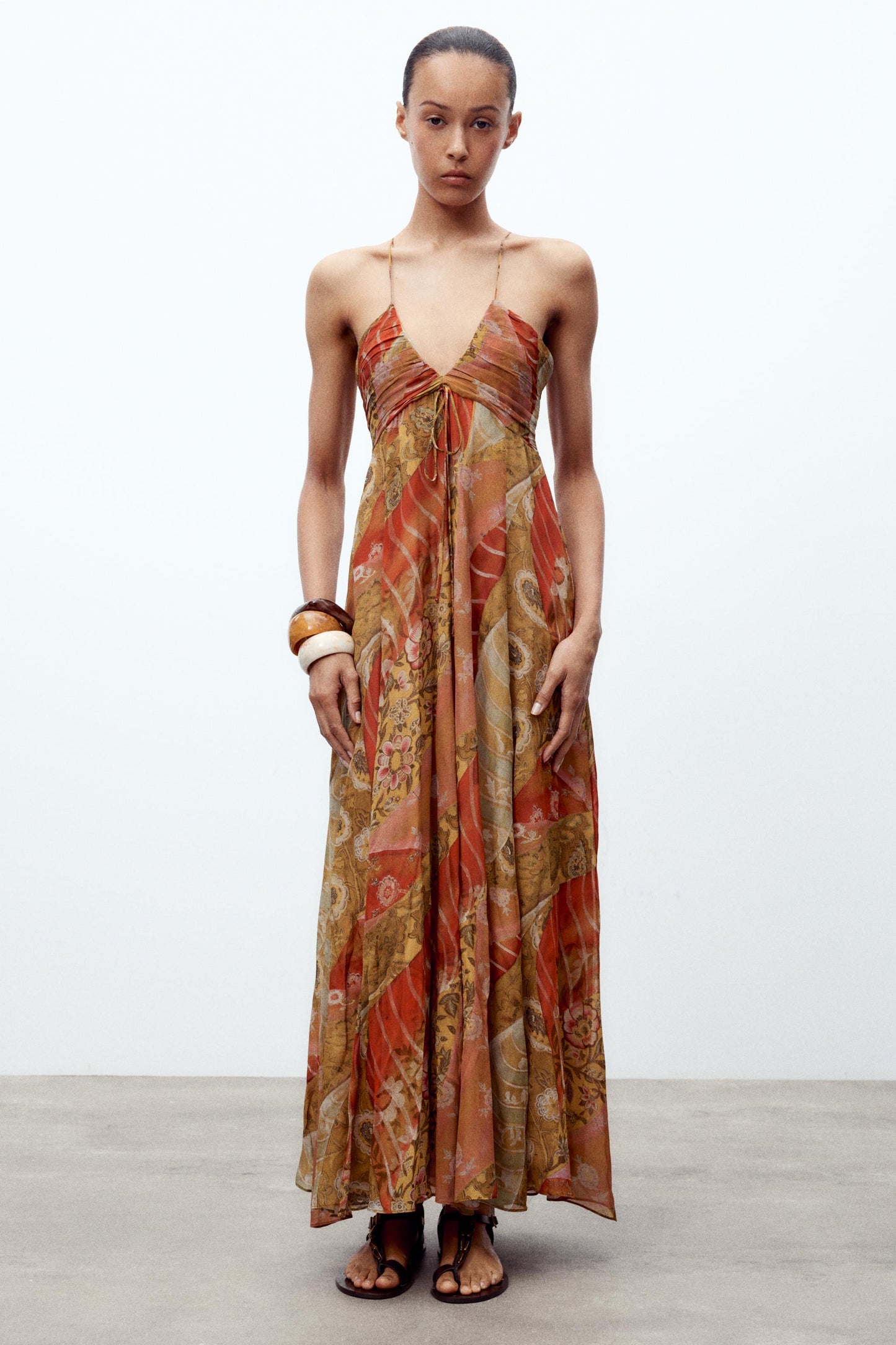 Ruched Halter Neck Maxi Dress with Patchwork Prints