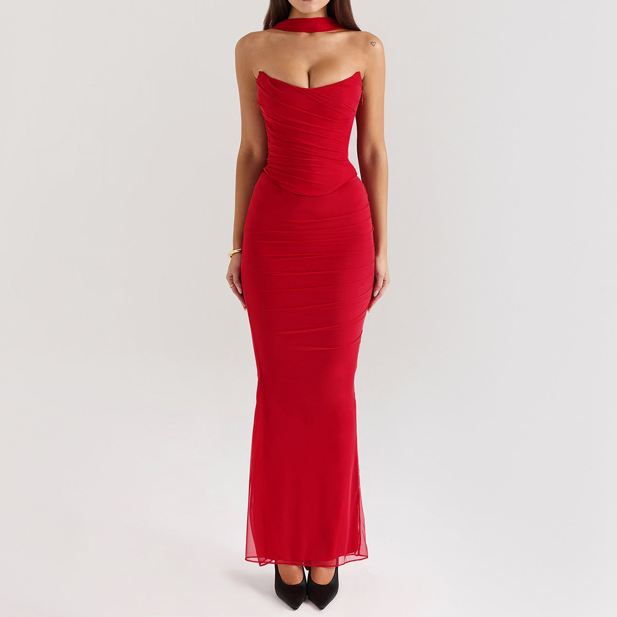 Red Strapless Bodice and High Waist Skirt with Tie Set
