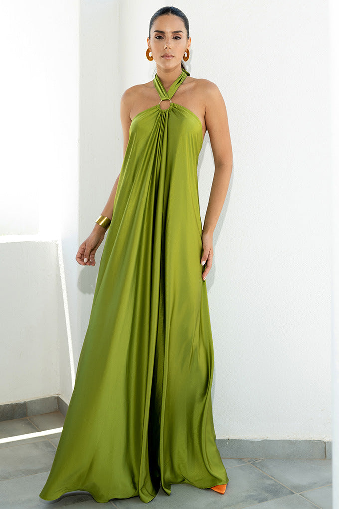 Satin Elegant Maxi long Dress: Backless Halter Neck