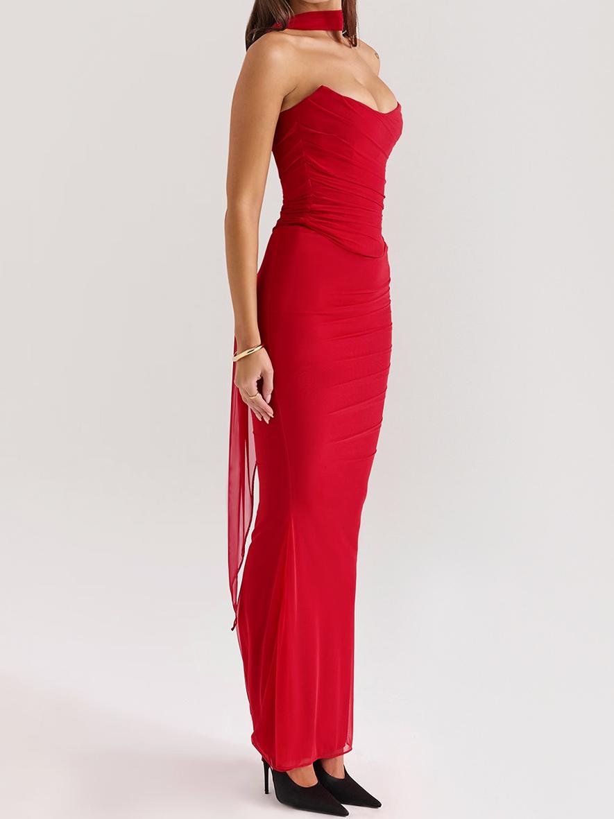 Red Strapless Bodice and High Waist Skirt with Tie Set