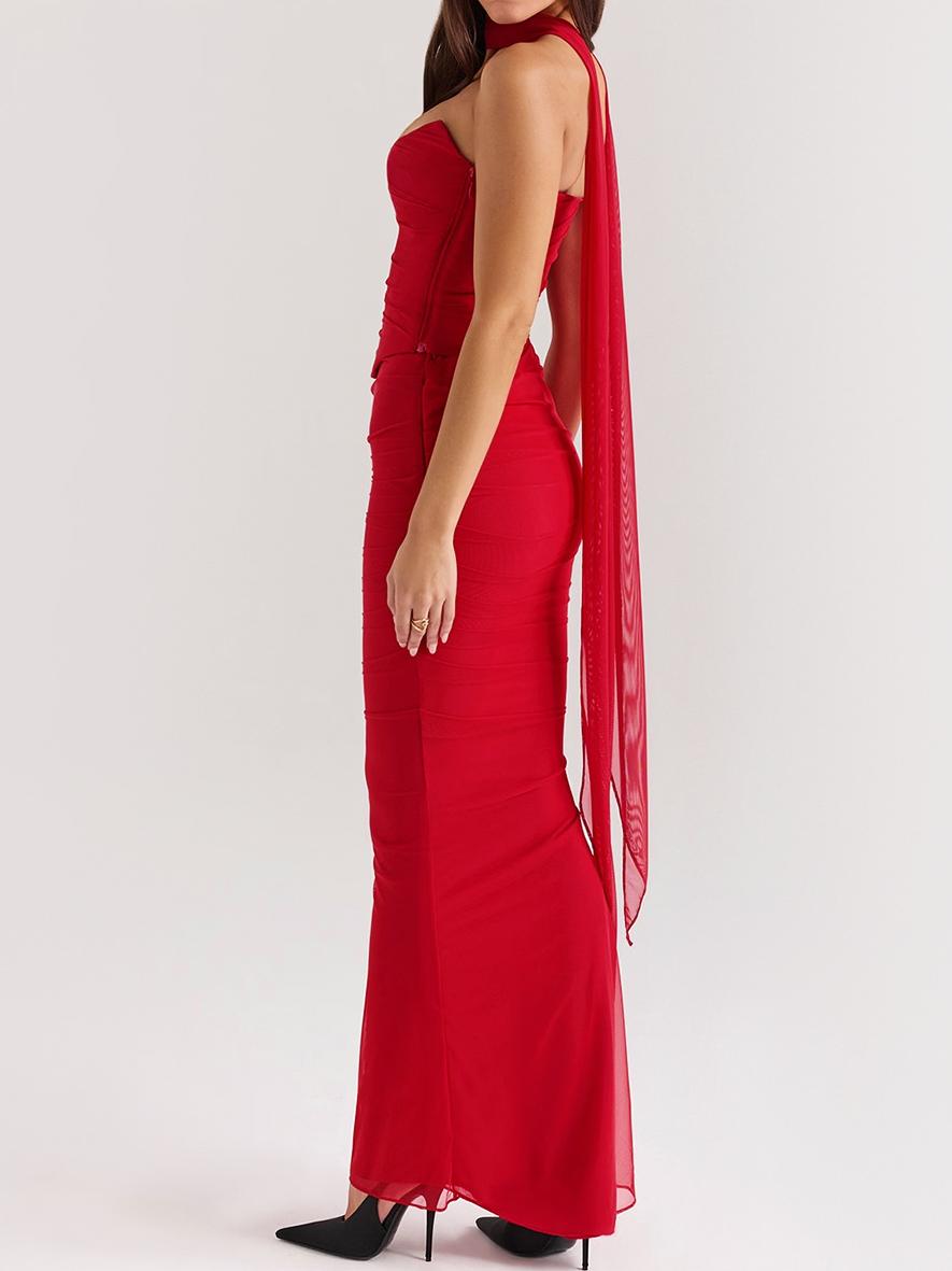 Red Strapless Bodice and High Waist Skirt with Tie Set