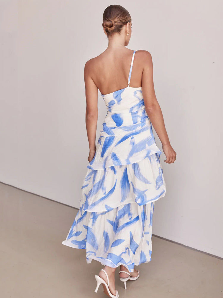 One-Shoulder Strappy Floral Print Dress