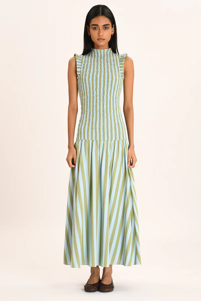 Striped Ruffle - Sleeve Maxi Dress