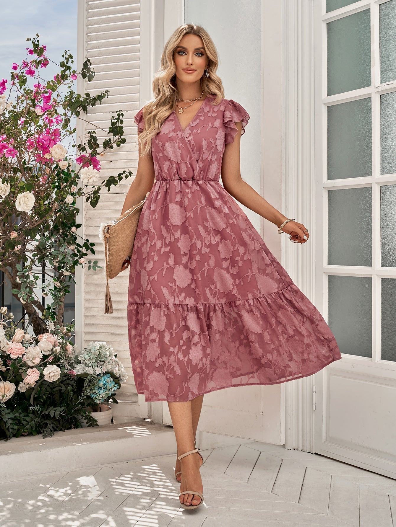 Rebecca V-Neck A-Line Dress: Floral Flutter Sleeve Surplice Midi