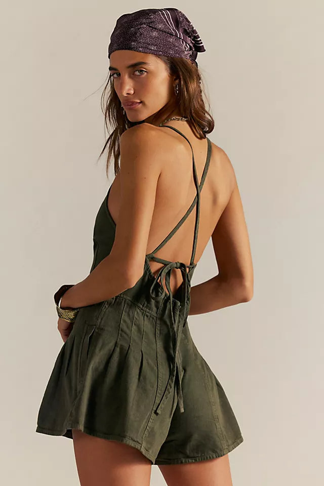 Low-cut backless denim jumpsuit
