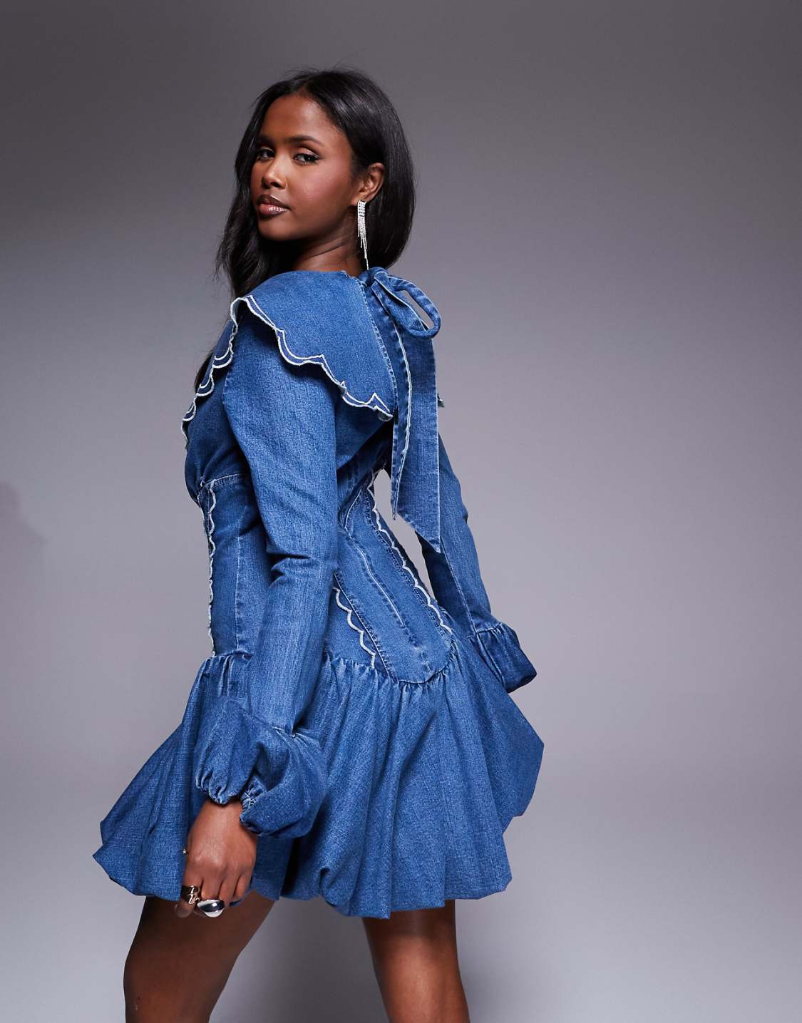 DENIM MINI DRESS WITH SCALLOP DETAIL