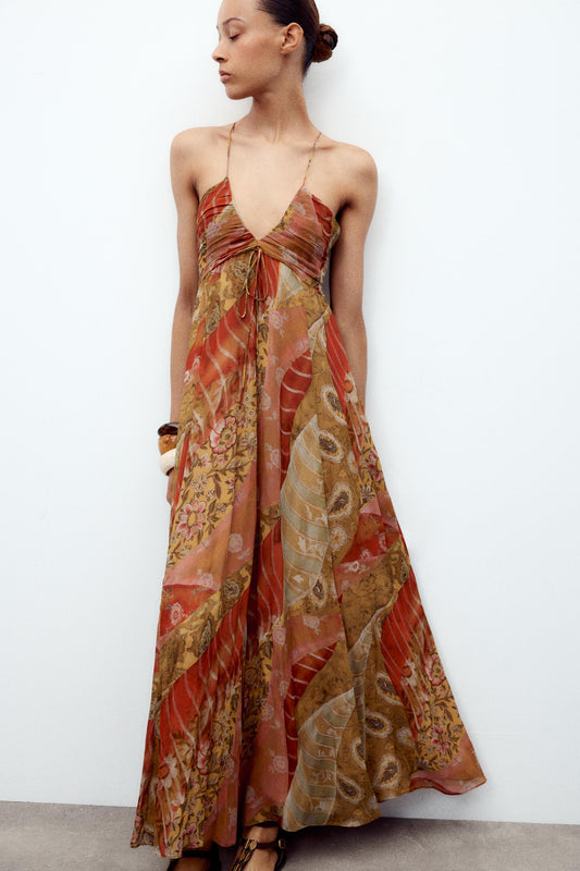 Ruched Halter Neck Maxi Dress with Patchwork Prints