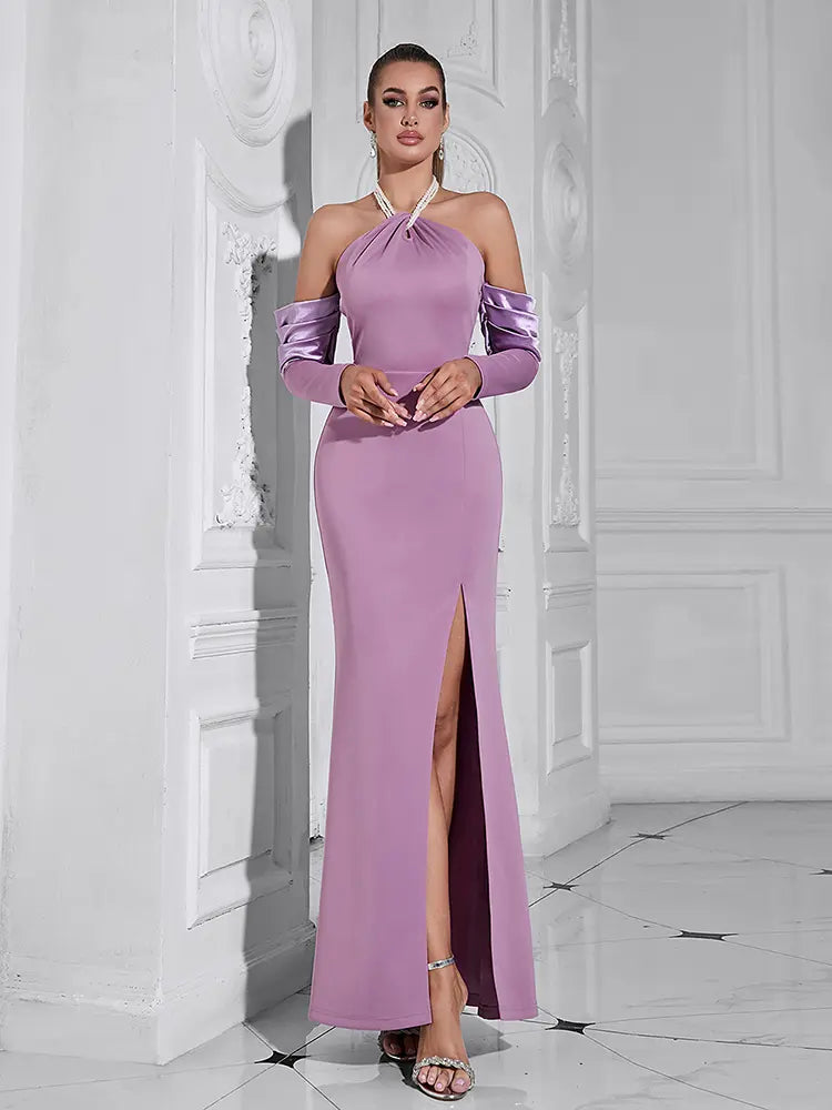 Pearl Halter Neck Long Sleeve Dress