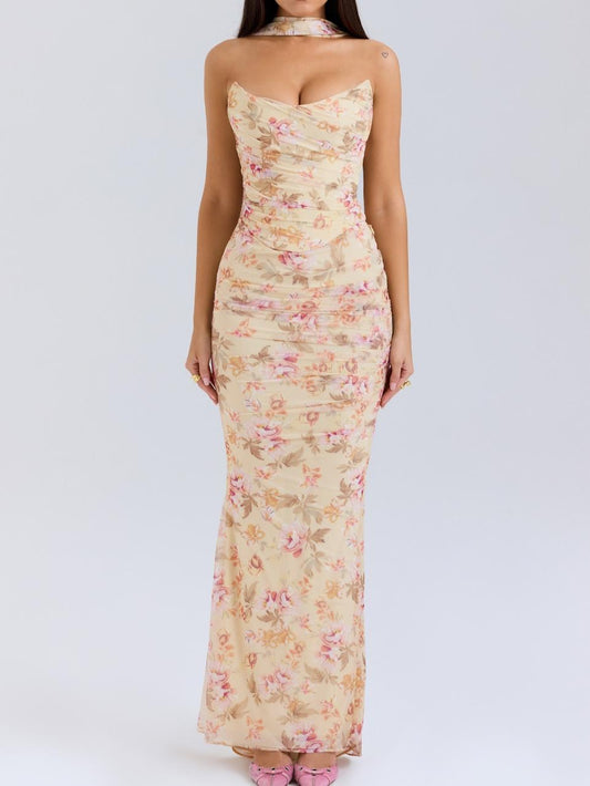Floral Strapless Bodice and High Waist Skirt with Tie Set