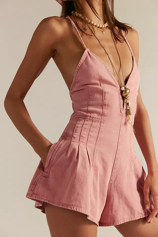 Low-cut backless denim jumpsuit