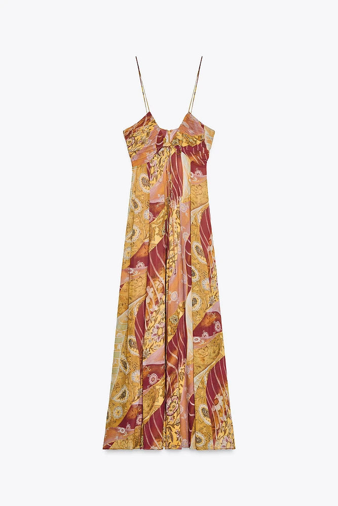 Ruched Halter Neck Maxi Dress with Patchwork Prints