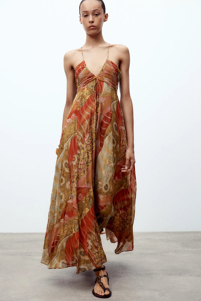Ruched Halter Neck Maxi Dress with Patchwork Prints